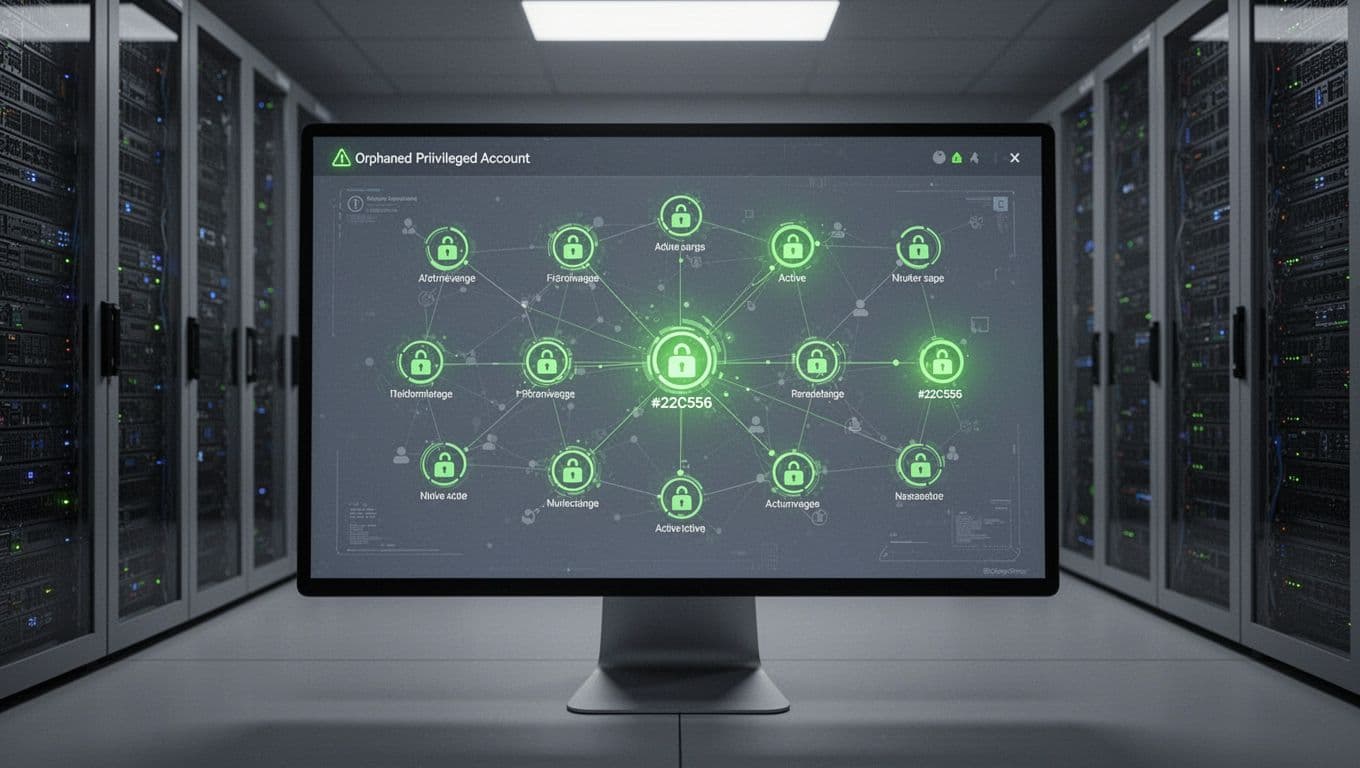 Computer screen in server room displays network dashboard with highlighted orphaned privileged account icons among active ones.