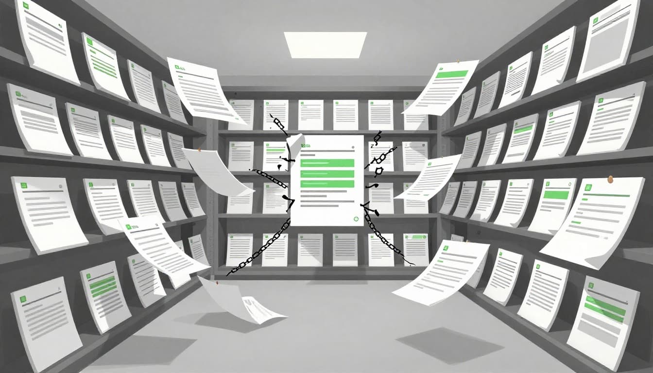 Modern illustration of orphaned wiki pages with outdated info and loose permissions, visualized as floating unlocked documents in a digital archive room with subtle breaking chains and warning highlights.