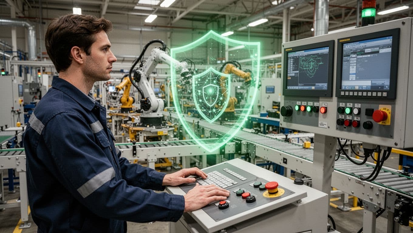 Modern illustration of a busy manufacturing plant floor with assembly line robots, PLC panels, SCADA screens, and conveyor belts, featuring one engineer at a control console protected by a glowing green shield from red digital cyber threats.