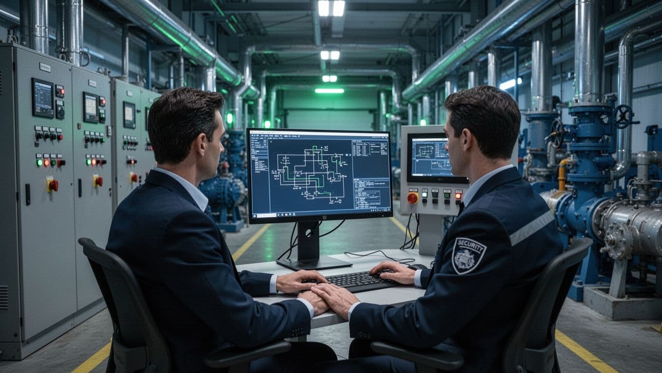 Secure industrial plant floor with legacy PLCs and modern security monitoring station, featuring one security consultant seated at console reviewing network segmentation diagram amid factory machinery and pipes.