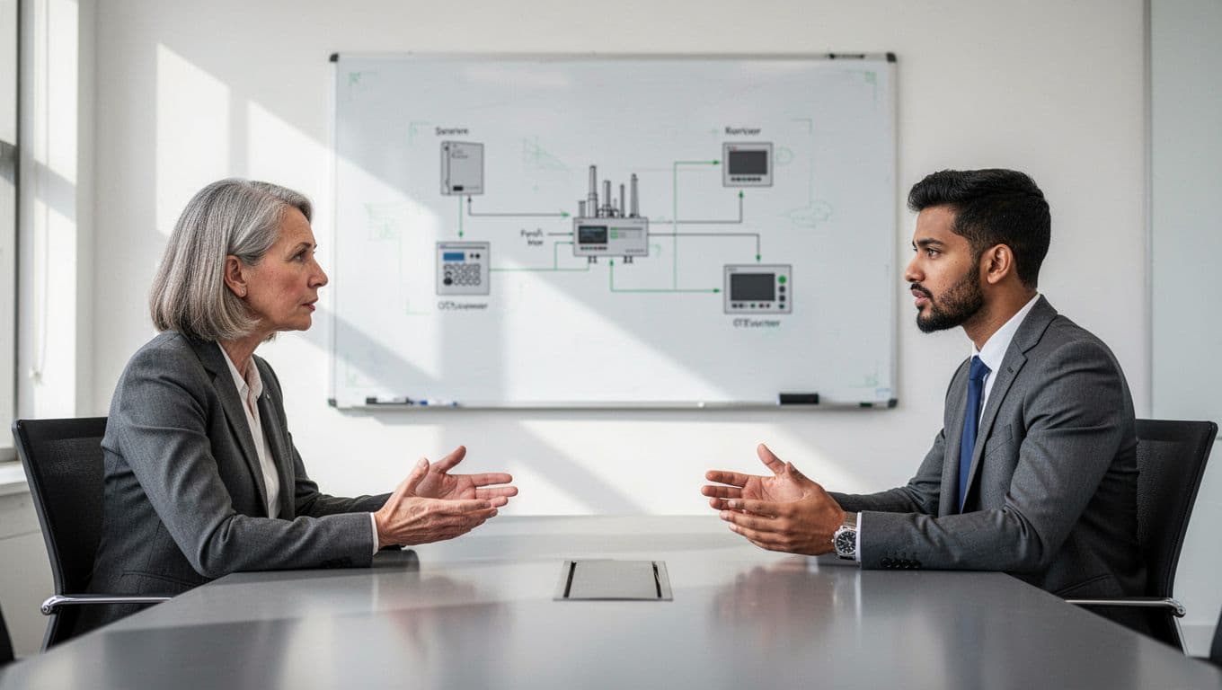 Modern illustration of an OT security engineer candidate interviewing with a panel, discussing ICS protocols like Modbus and DNP3 in a conference room with a whiteboard network diagram.
