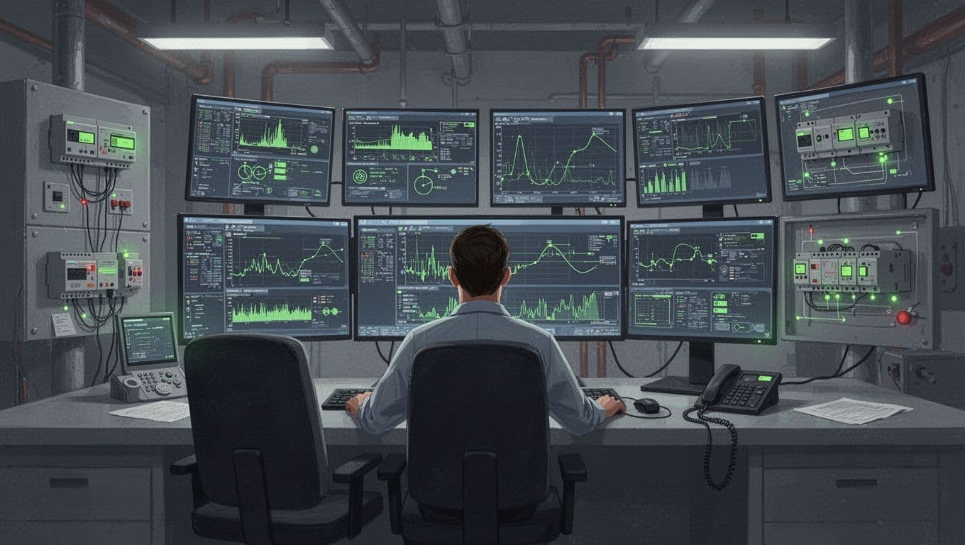 Modern illustration of an OT security engineer in an industrial control room, focused on screens displaying SCADA systems, PLCs, network traffic, and alerts with green accents.