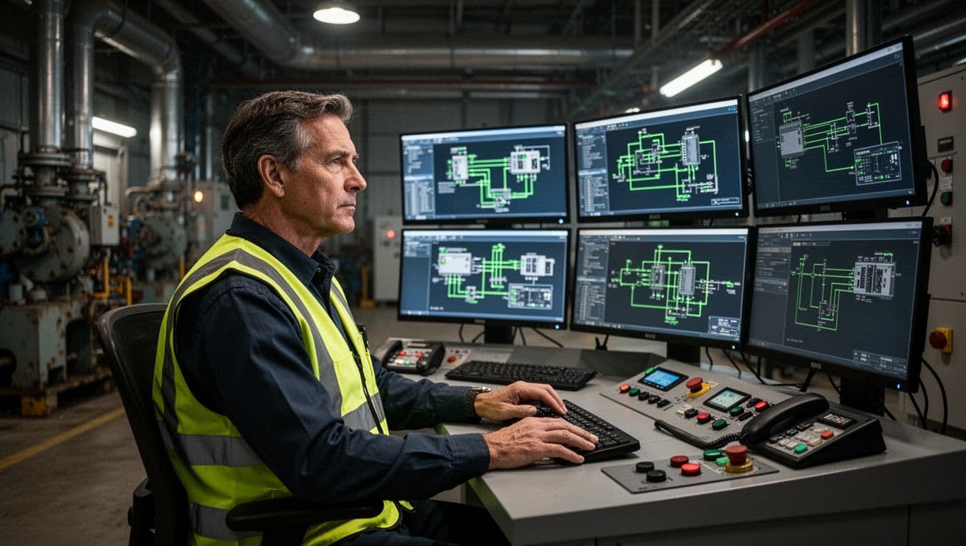 Male mid-40s OT security specialist in safety vest sits at console monitoring screens with ICS diagrams and PLCs in dimly lit industrial plant.