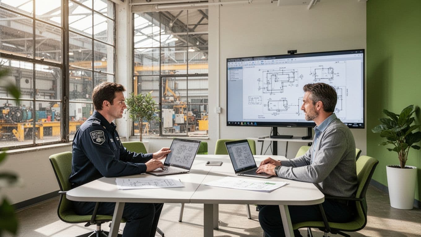 Four professionals around table in meeting room discuss ICS diagrams on screen with factory window view.