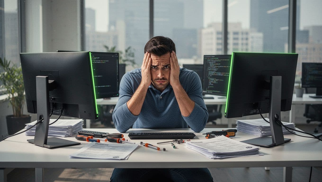 Modern illustration of a mid-30s male cybersecurity hire at a desk, head in hands with confused expression amid multiple screens, tools, and stacks of resumes in a soft-focus office.