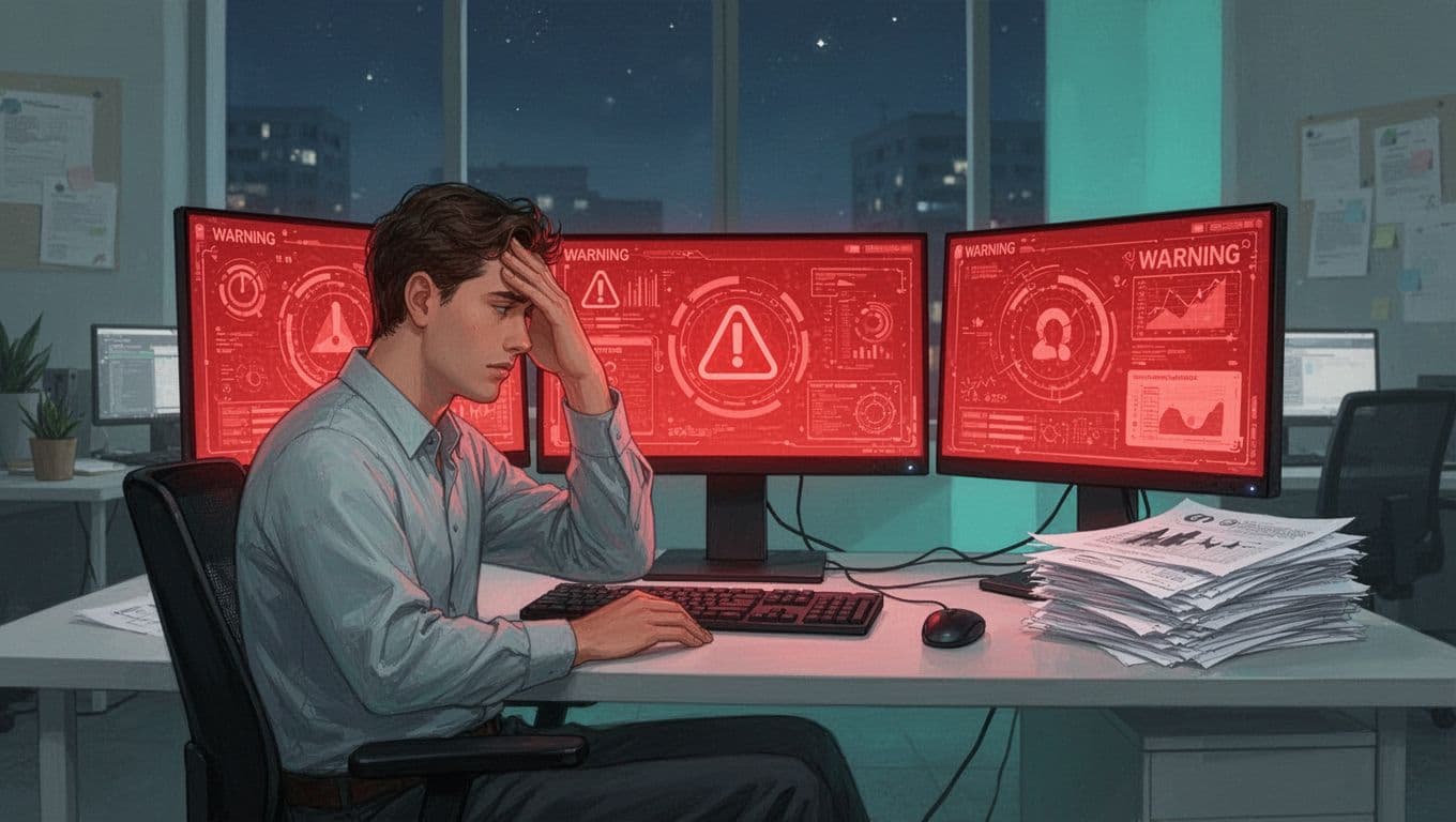 Software engineer at desk overwhelmed by three screens with red security alerts, vulnerability scans, code reviews, and report stacks in night office.