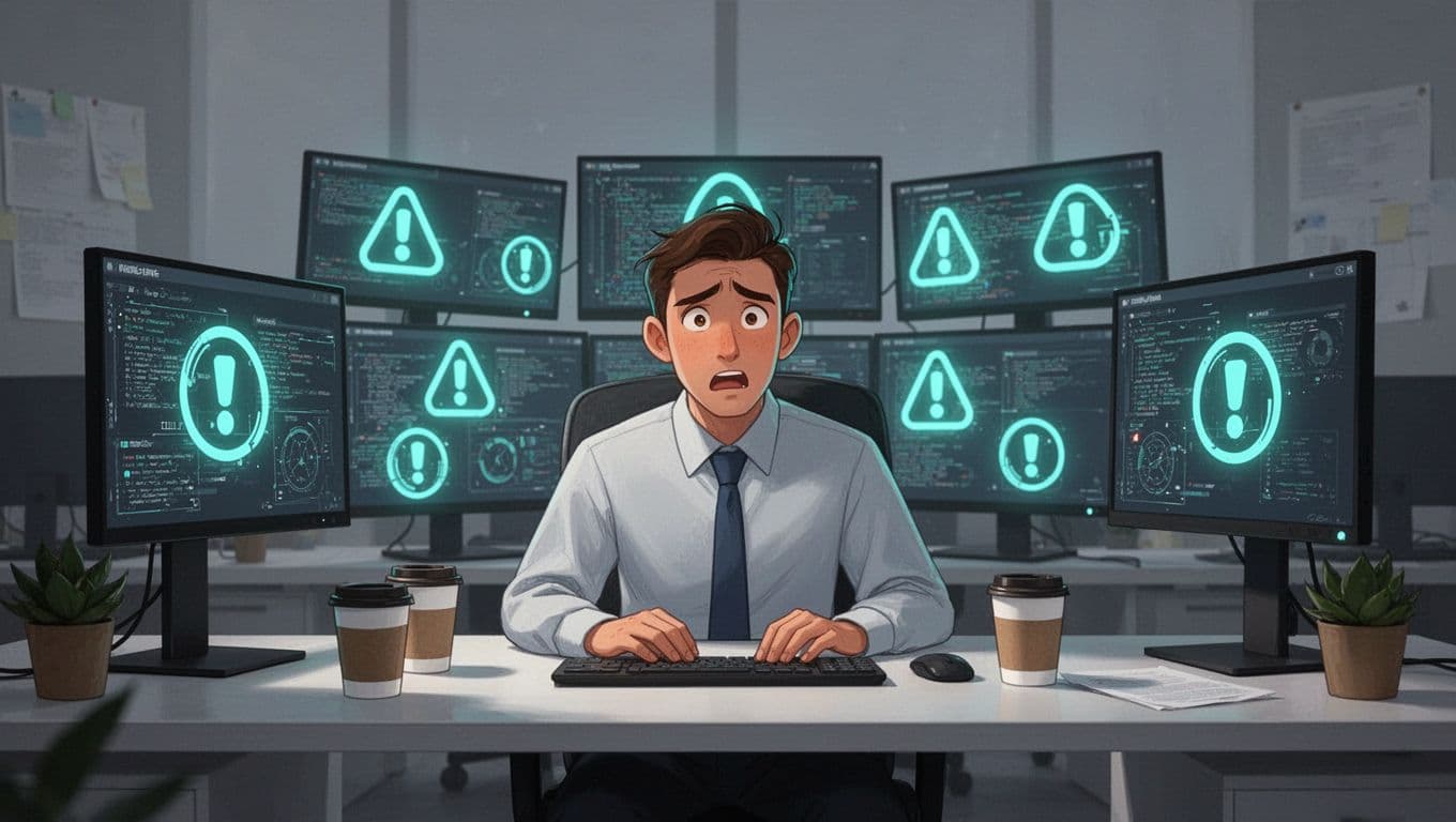 Modern illustration of a stressed IT manager at a desk surrounded by multiple security alert screens and coffee cups, using clean shapes and a controlled color palette with green accents on alerts.