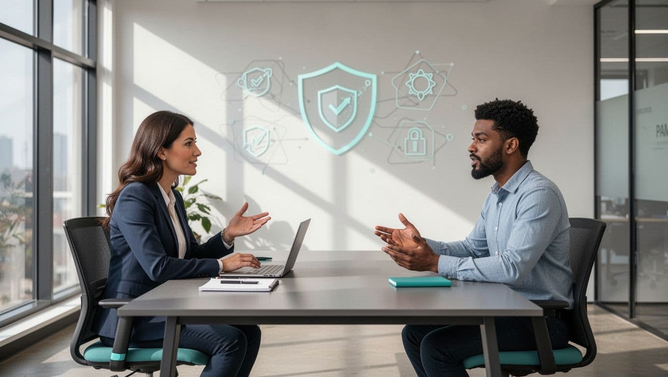 Modern illustration of a hiring manager interviewing a PAM engineer candidate across a table in a contemporary office, both seated relaxedly with notes and laptop, subtle secure icons in background.