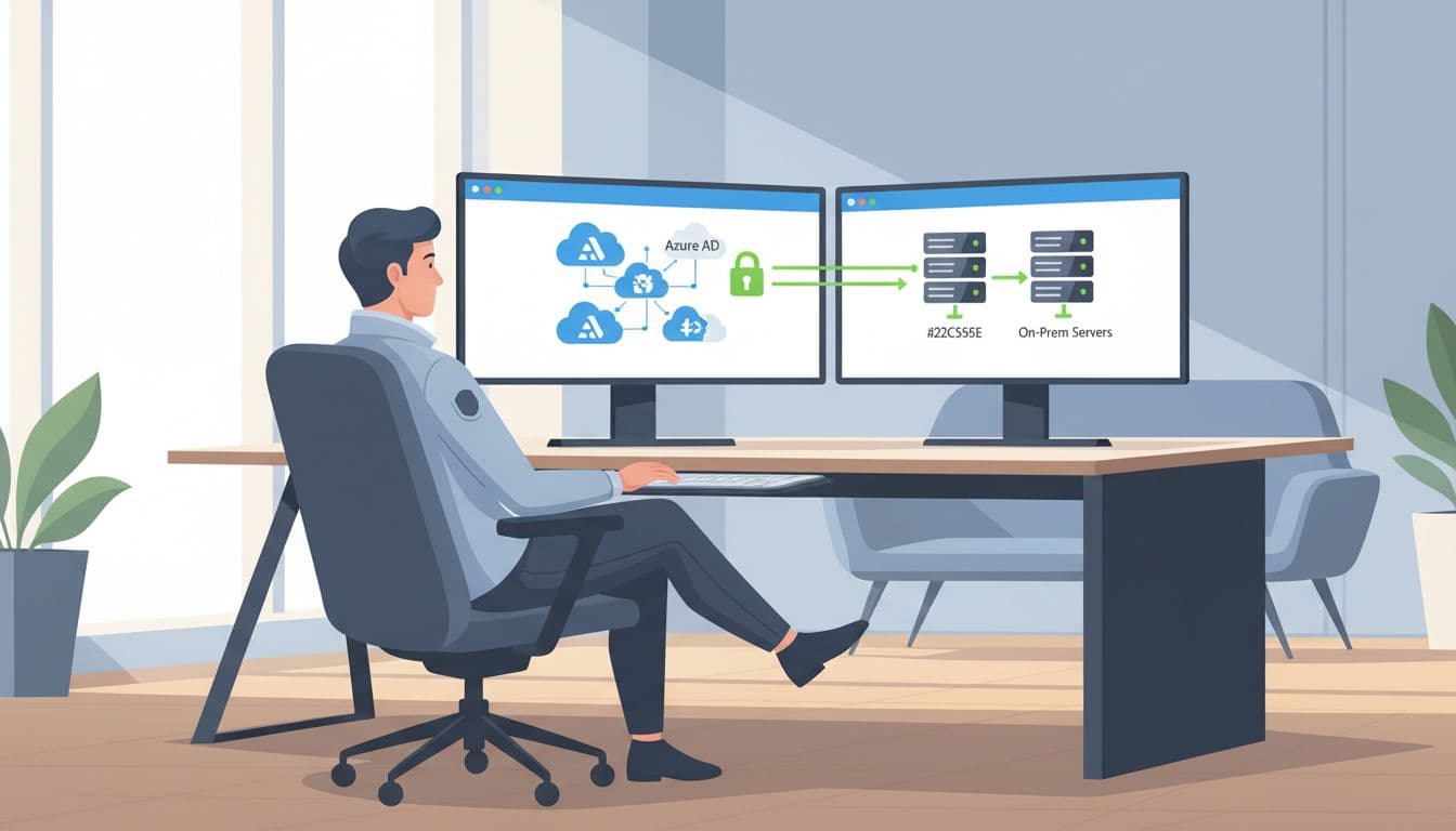 PAM engineer at modern office desk with dual screens showing connected Azure AD and on-prem servers, hand on keyboard.