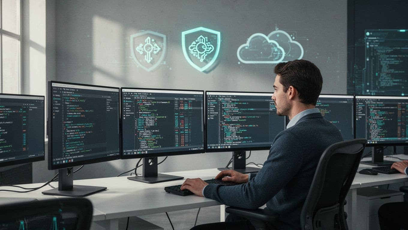 Modern illustration of a PAM engineer focused on reviewing access logs on dual monitors in a secure operations center, hybrid cloud icons in the background, clean shapes with strong composition and soft lighting.