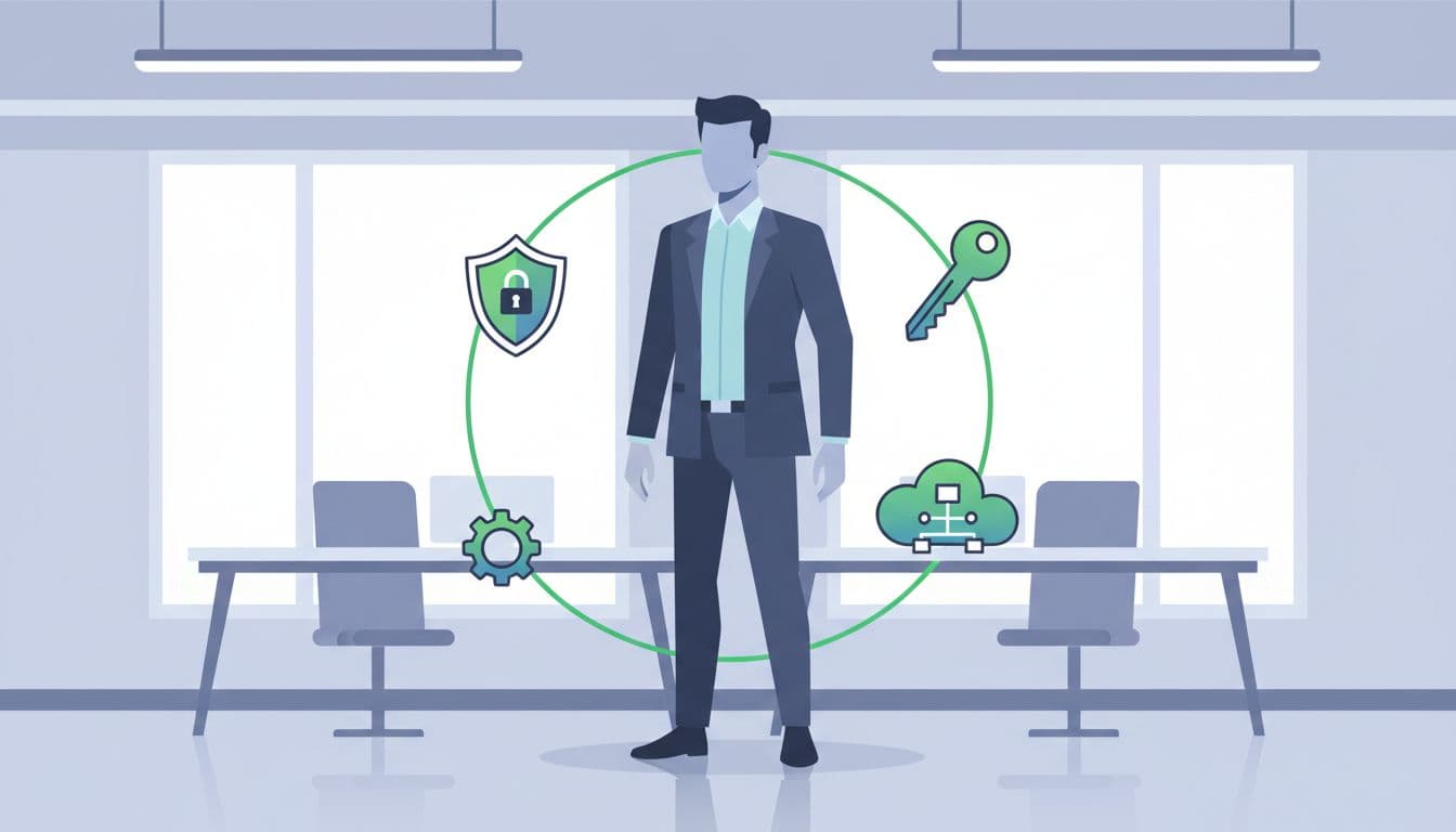 Confident PAM engineer stands in office with floating shield, key, and cloud hybrid icons.