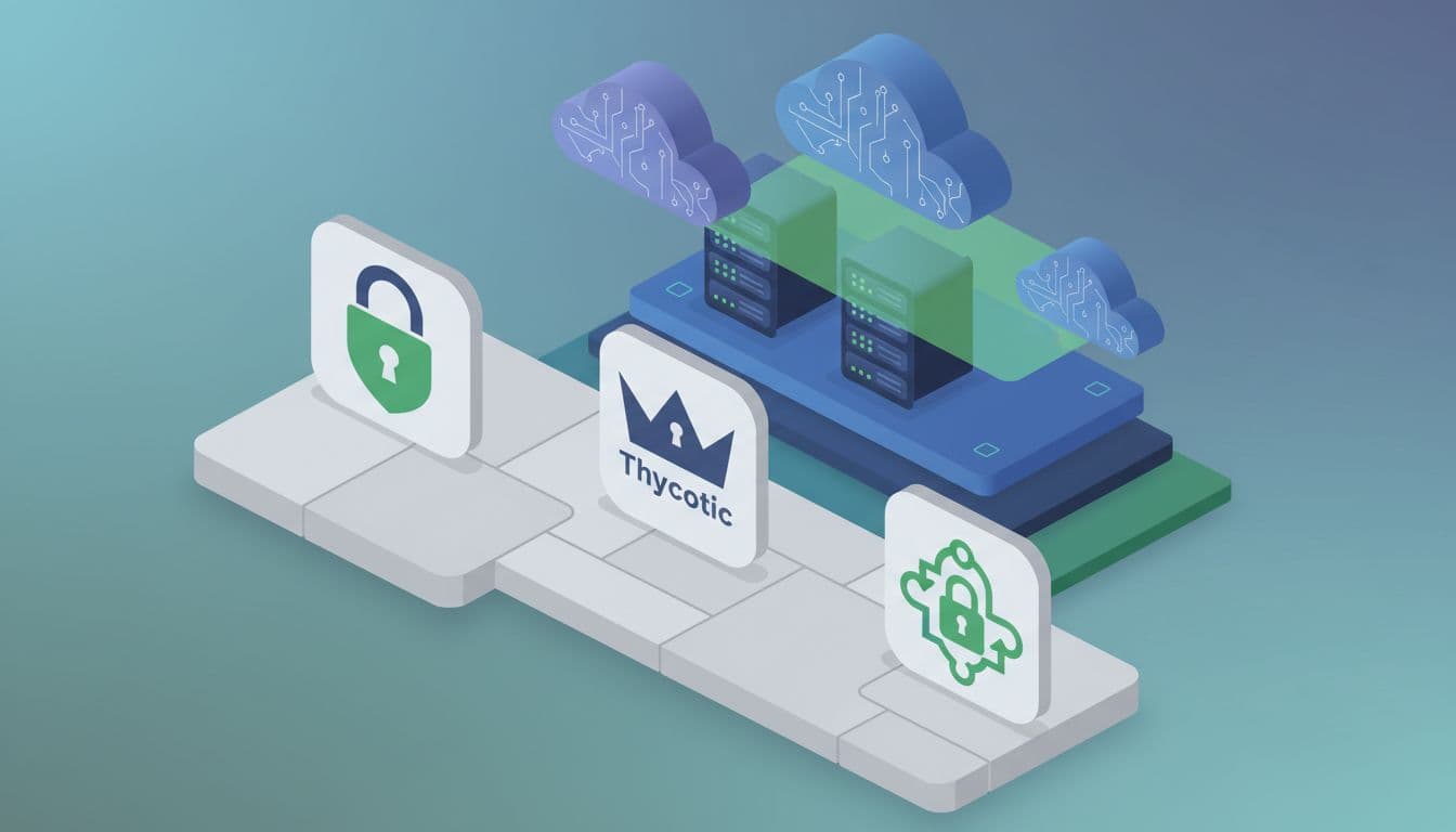 Isometric workbench holds CyberArk, Thycotic, Delinea icons with green accents, hybrid cloud servers in background.
