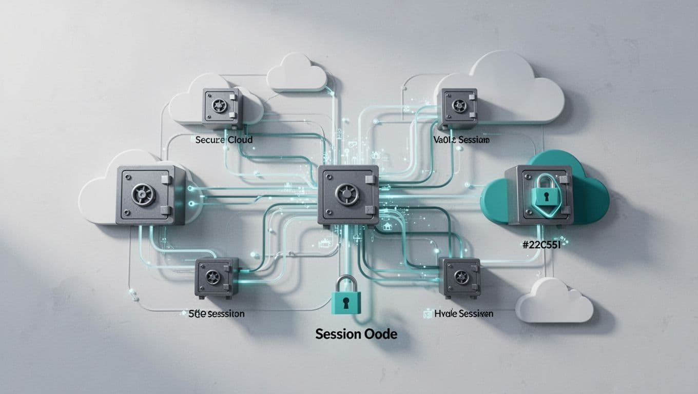 Modern illustration of PAM tools icons including vaults and sessions management in a hybrid cloud infrastructure diagram with secure locks and access flows.