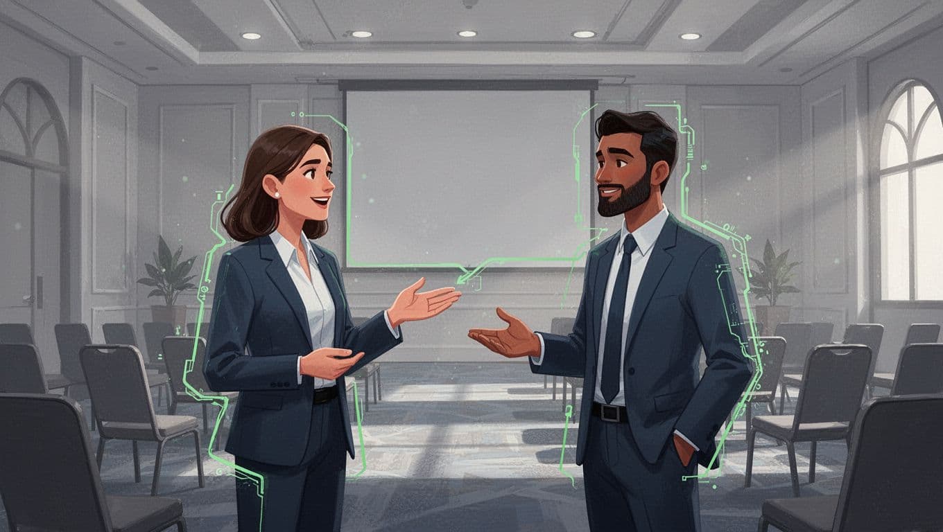 Modern illustration depicting a recruiter networking with passive cybersecurity candidates, such as cloud security architects and IAM specialists, at a conference hall using subtle green connection lines.