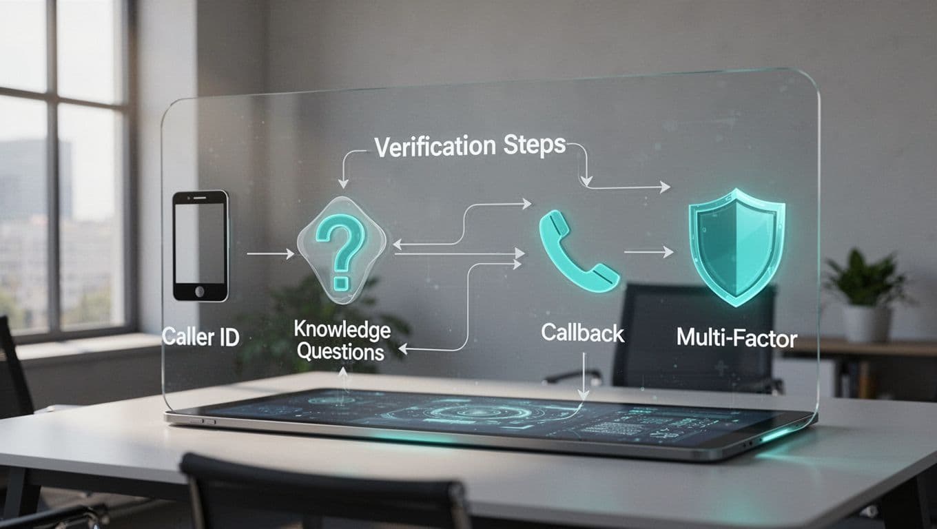 Modern illustration showing a flowchart of password reset verification steps on a digital screen with simple icons for caller ID check, knowledge-based questions, callback, and multi-factor authentication.
