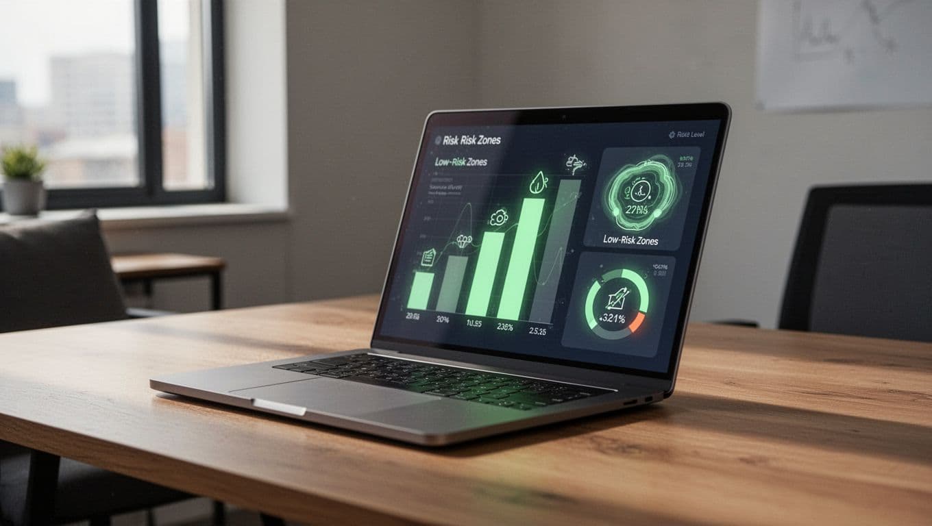 Laptop on office desk shows dashboard with glowing bars and icons for high, medium, low patch risks.