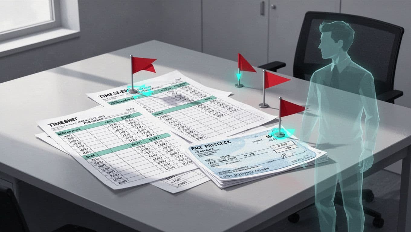 Modern illustration featuring an office desk with manipulated timesheets, ghostly employee shadow, fake paycheck stub, and red flag icons highlighting common payroll fraud types like ghost employees and timesheet manipulation.