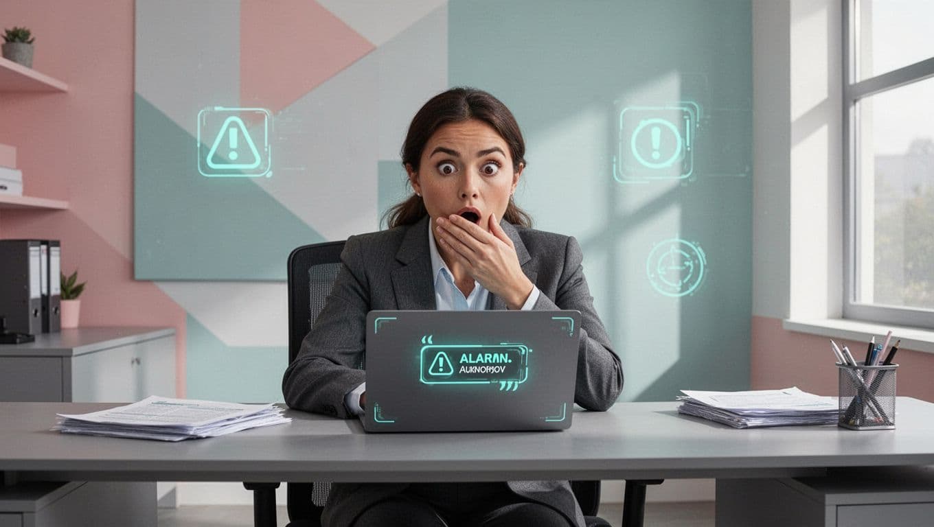 Modern illustration of a payroll specialist at a desk, surprised by a suspicious phishing email on their laptop requesting a direct deposit change.