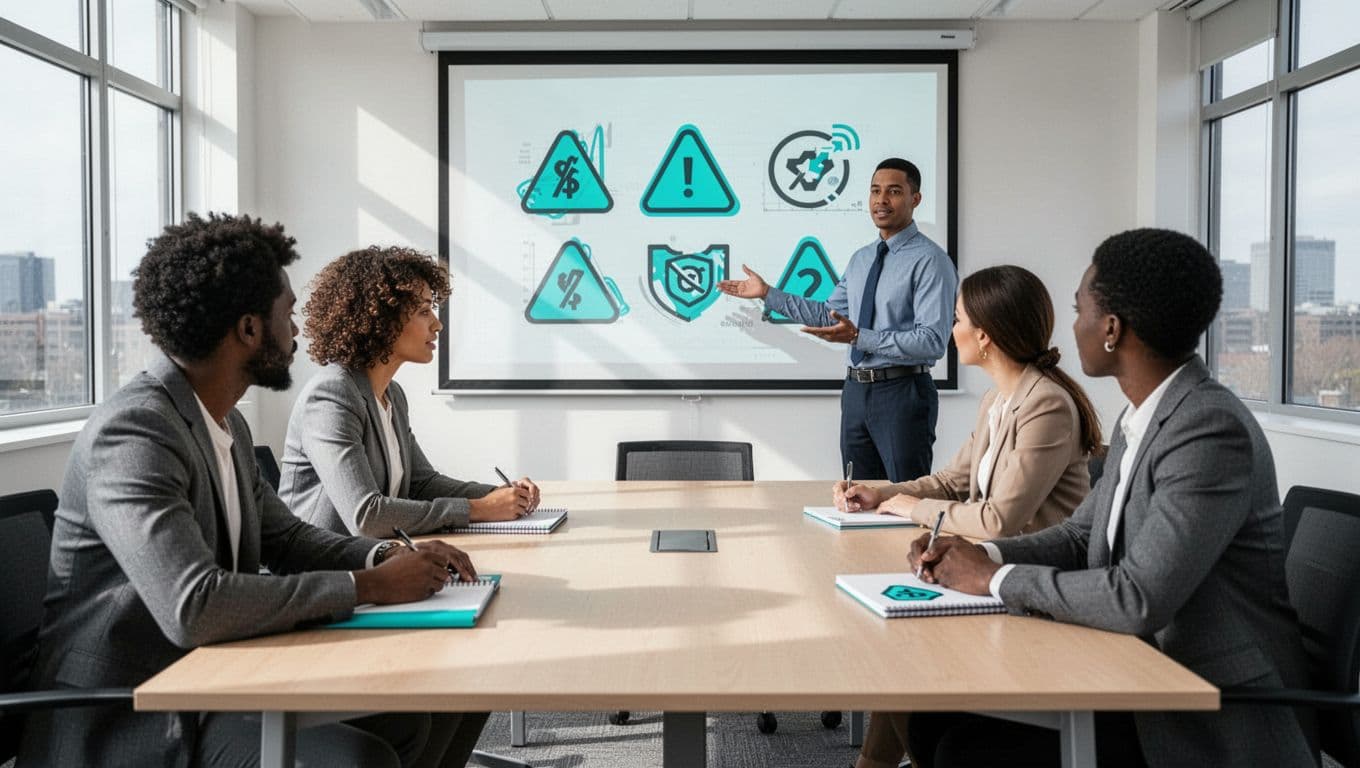 Modern illustration of four diverse payroll professionals in a bright conference room during a fraud prevention training session, with the trainer pointing to a projected screen displaying fraud warning icons and participants taking notes with engaged expressions.