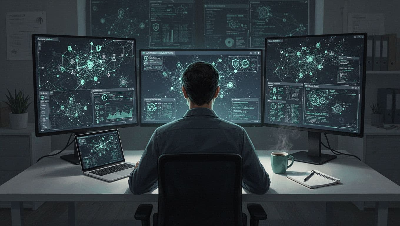Modern illustration of a cybersecurity professional, specifically a penetration tester, in a dimly lit office with multiple screens displaying network diagrams and vulnerability scans, seated at a desk with laptop, coffee mug, and notepad.