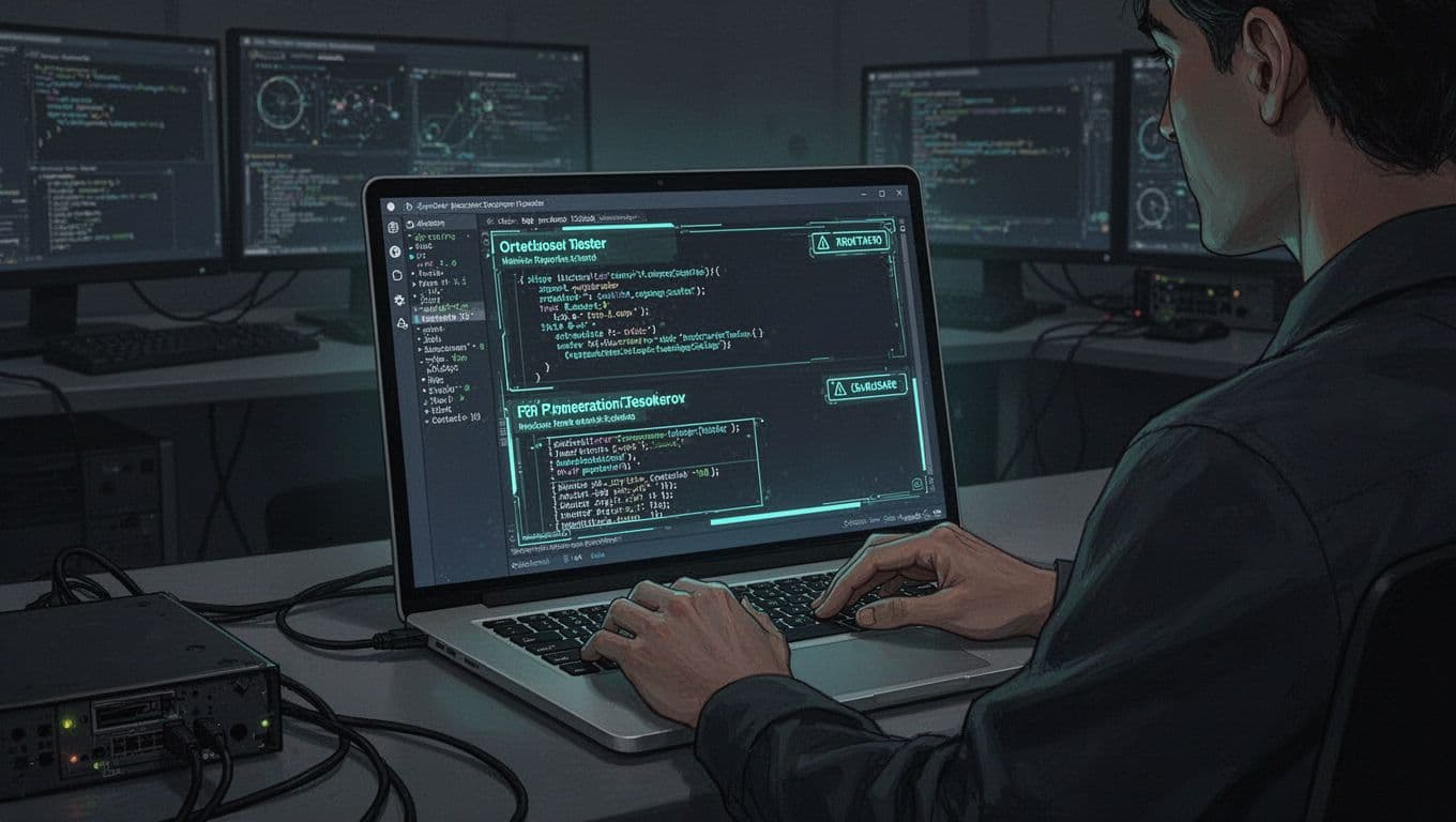 Modern illustration of a penetration tester examining network vulnerabilities on a laptop in a dimly lit operations center, featuring clean shapes, a controlled color palette with green accents on code and alerts, and a strong focus on the screen glow.