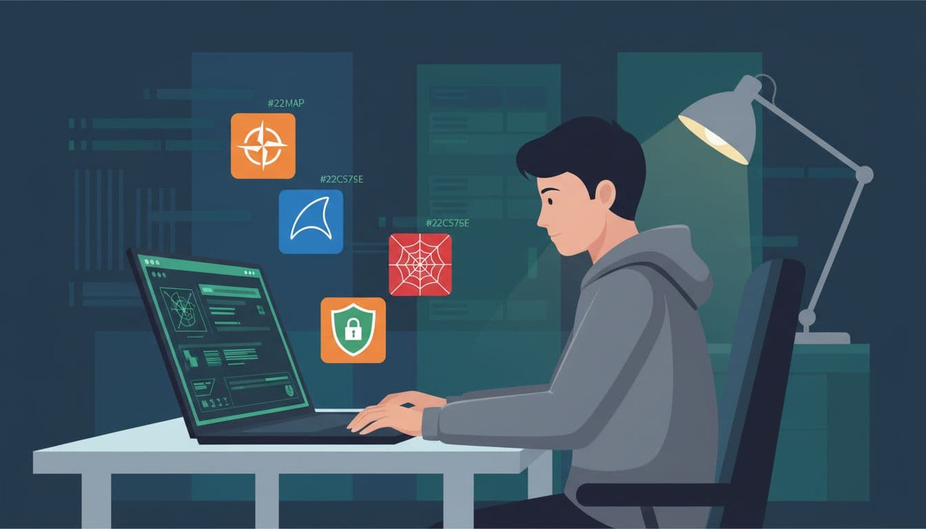 Penetration tester at desk with angled laptop showing Kali Linux screen and nearby Nmap, Wireshark icons.