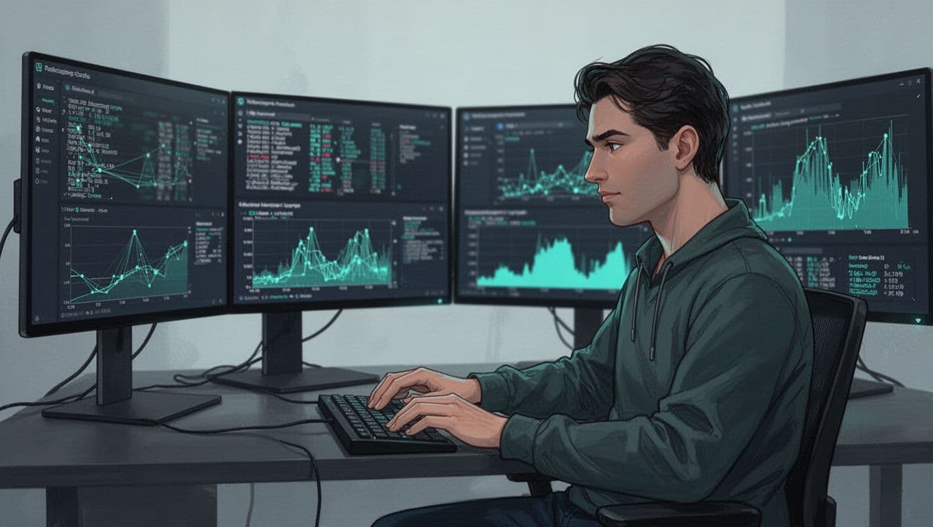 Modern illustration of a cybersecurity penetration tester in casual attire typing at a multi-screen workstation displaying blurred network scans and tools, with focused intensity in a dedicated room using cool blue-green palette and soft lighting.