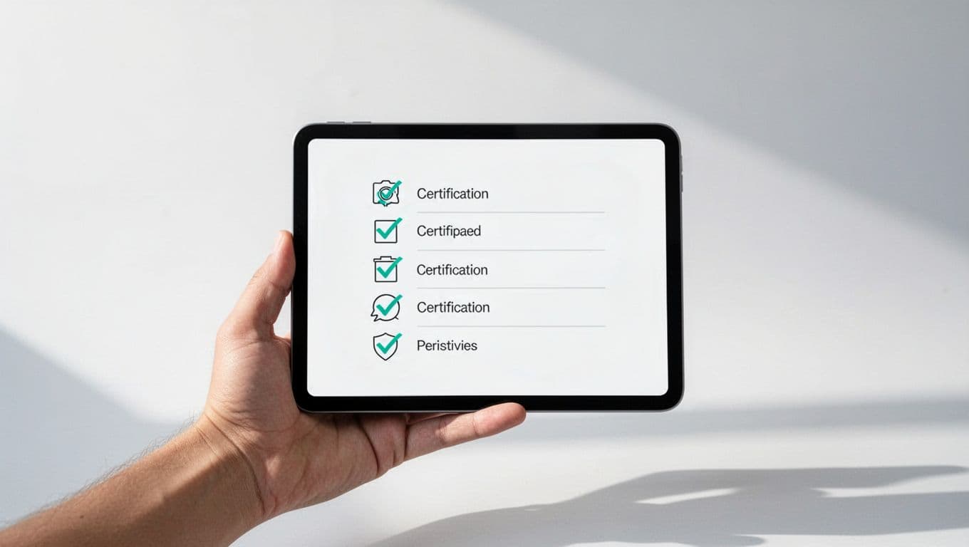 Modern illustration of a checklist with icons for OSCP certification, security clearance, and skills assessment on a digital tablet held by a hand. Features clean shapes, green checkmarks, simple landscape composition with no extra text, people, or logos.