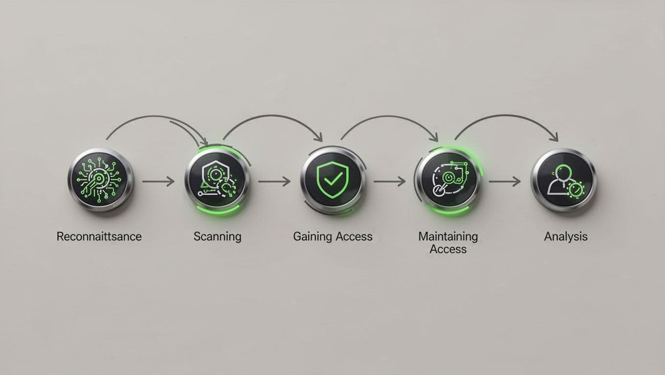 Modern illustration of penetration testing process steps: reconnaissance, scanning, gaining access, maintaining access, and analysis, shown as icons connected by arrows in a flowchart with clean shapes, neutral background, and green accents on key nodes.