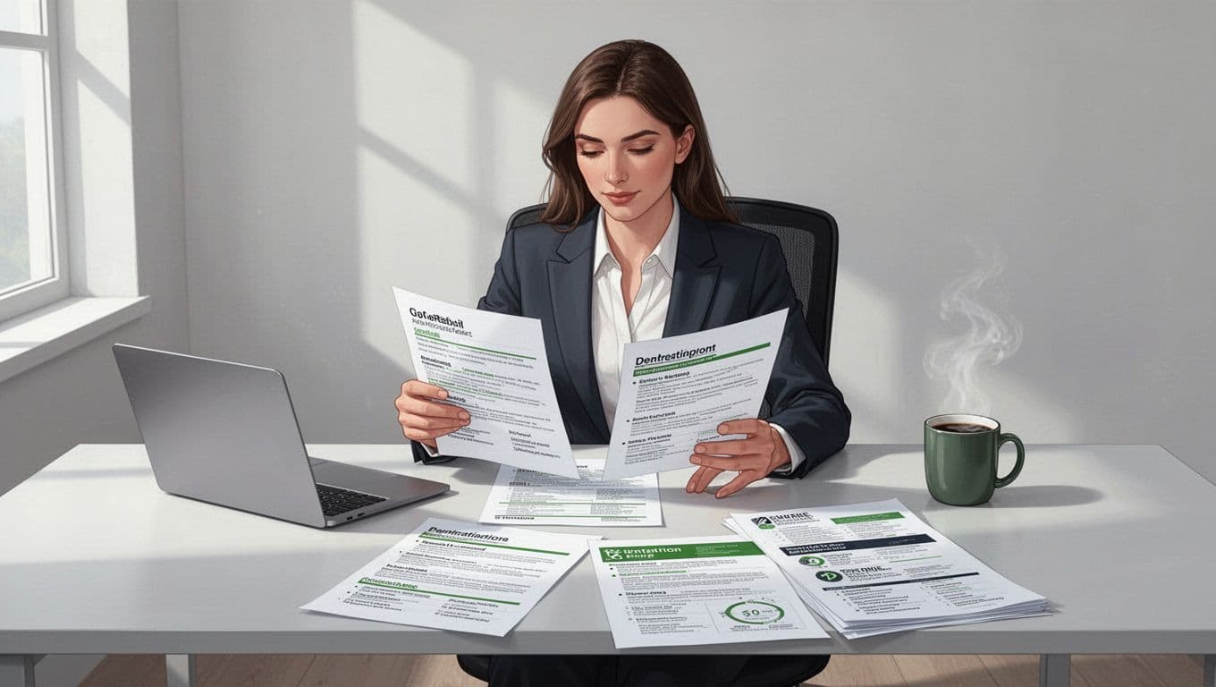 Modern illustration of a recruiter reviewing resumes and pentesting reports on a desk with laptop and coffee mug, featuring clean shapes, green highlights, natural lighting, and relaxed hands.