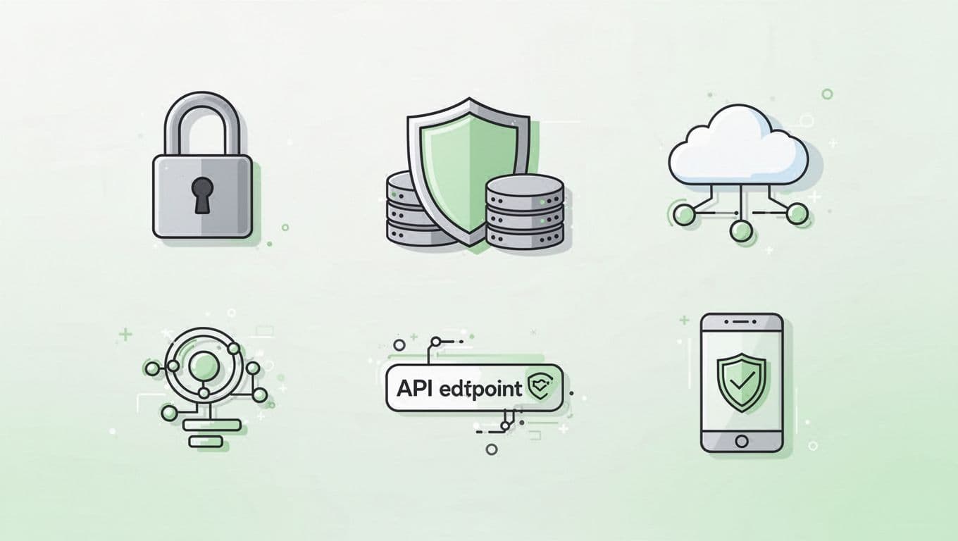 Modern illustration in consistent style showing icons for pentest services: web app lock, cloud server shield, network diagram, API endpoint, mobile phone security, arranged in a balanced grid on subtle gradient background with green highlights.