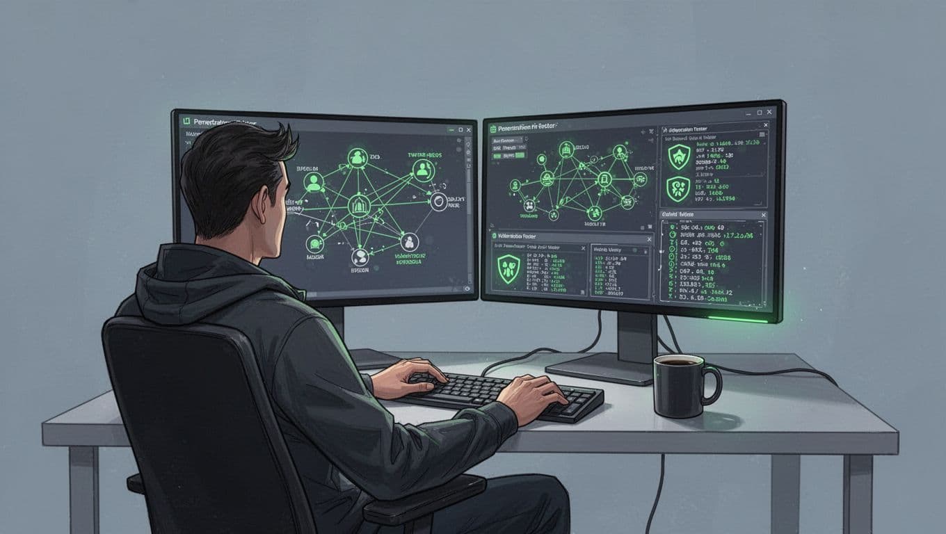Modern illustration of a penetration tester at a desk in a dimly lit room, working on dual monitors displaying network diagrams and vulnerability scans, with keyboard and coffee mug nearby.