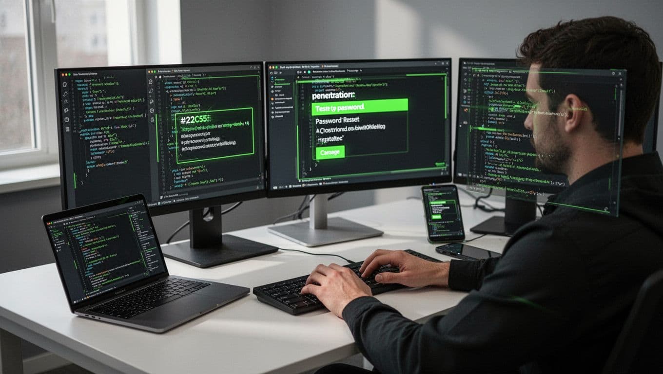 Penetration tester at desk with multiple screens enters emails in Burp Suite-like tool to test password resets.
