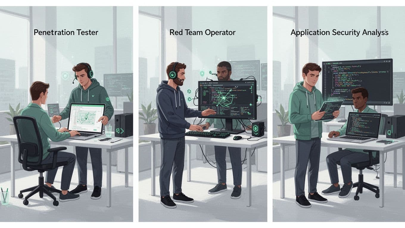 Modern side-by-side illustration of three cybersecurity roles: a pentester scanning web apps with tools like Burp Suite, a red teamer simulating attacks using Metasploit in a mock environment, and an app sec tester reviewing code in a bright workspace.