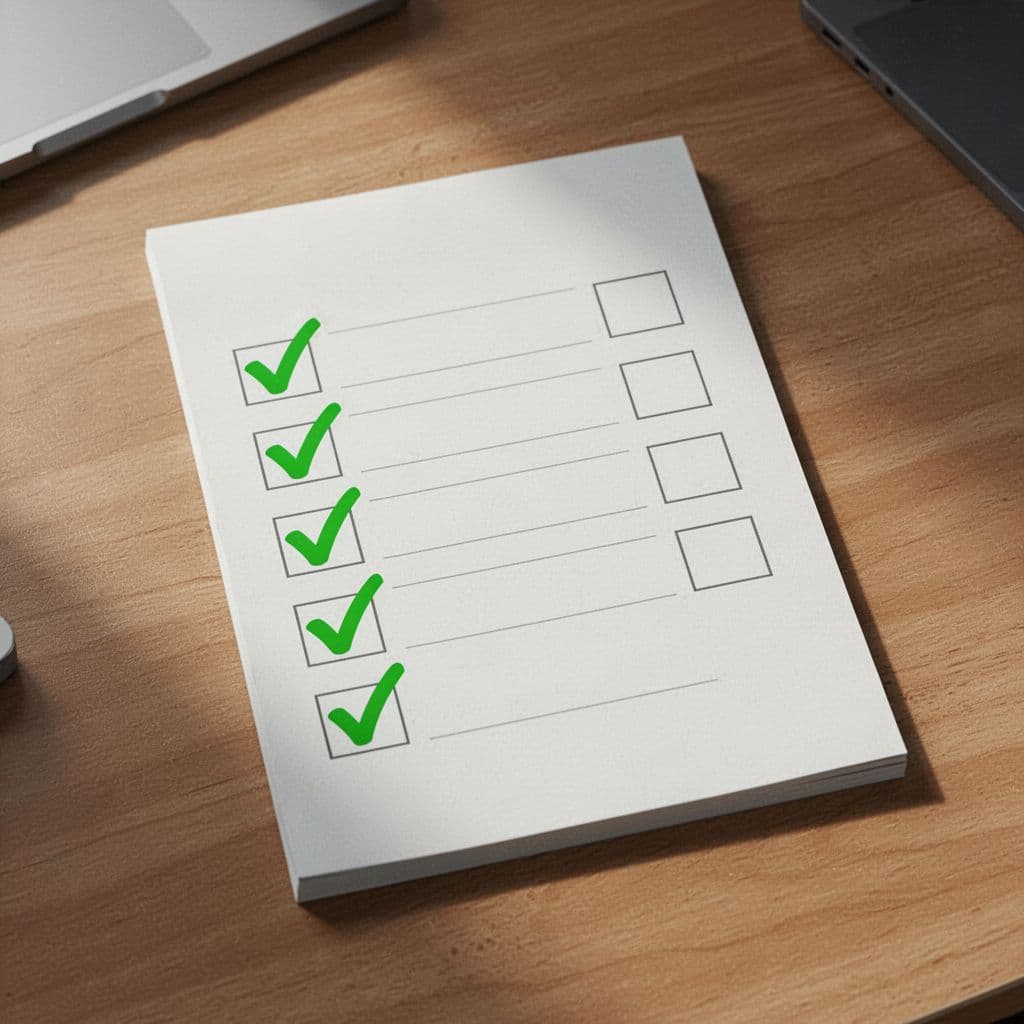 Modern top-down illustration of a simple checklist notepad on a desk with green checkmarks next to permissions review items, clean shapes, soft office lighting, and subtle shadows.