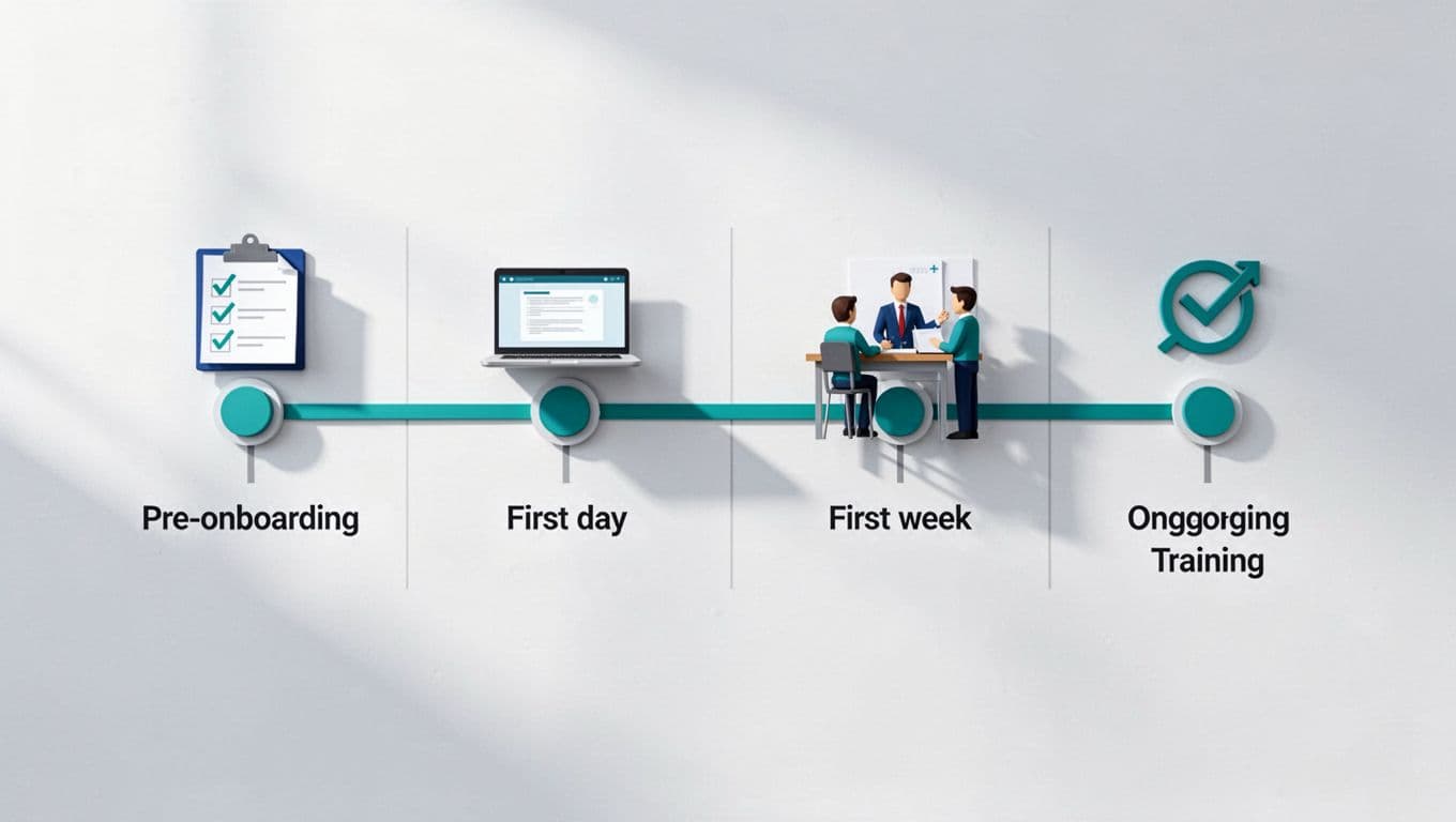 Modern horizontal timeline illustration showing four phases of security onboarding: Pre-Onboarding, Day 1, First Week, and Ongoing Training, with icons like checklist, laptop, training, and review on a light background with green accents.