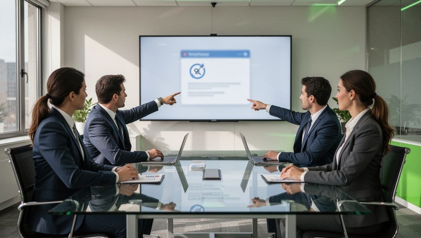 Group of four professionals in a modern conference room during cybersecurity training, pointing at a blurred phishing email example on a shared screen, dynamic side-angle illustration with clean shapes and green accents.