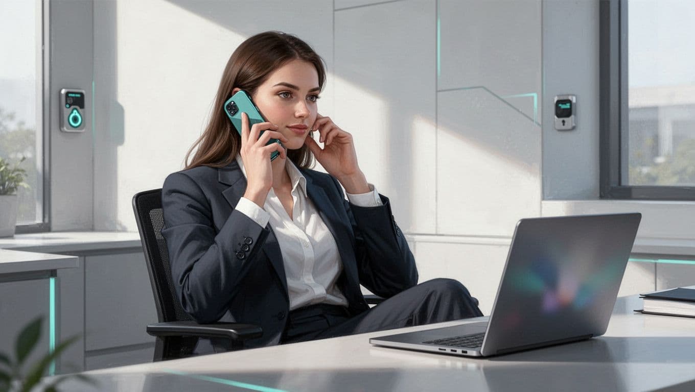 Modern illustration of an executive assistant in office holding phone to ear for callback verification in a phishing drill scenario, with a nearby laptop showing a blurred email screen.