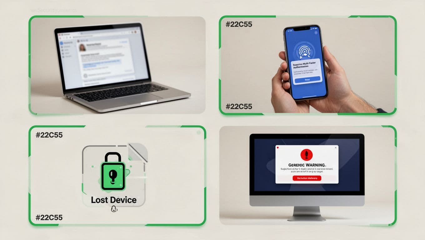 Modern 2x2 grid illustration of four common employee-reported security alerts: phishing email on laptop, suspicious MFA prompt on smartphone, lost device notification, and malware popup on desktop, using clean shapes, controlled colors, and #22C55E accent highlights on a neutral background.