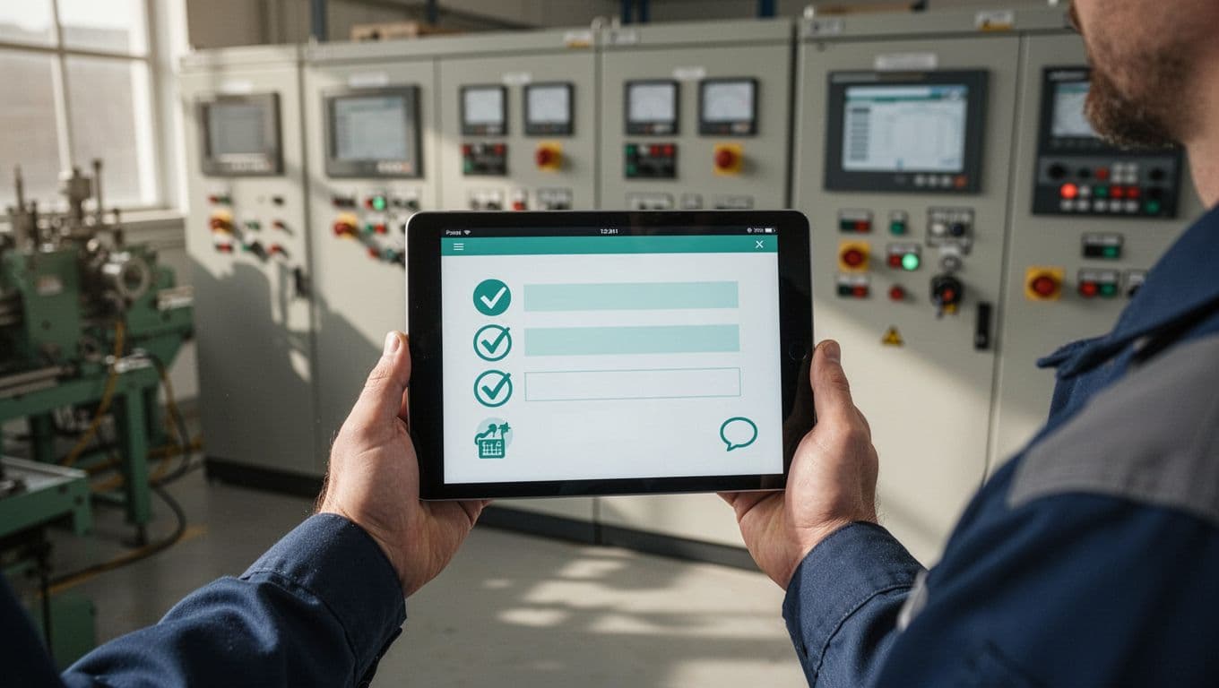 A plant manager in a manufacturing facility holds a digital tablet displaying an OT Security Checklist with highlighted items like certifications, OT experience, and vendor knowledge, set against a control room background in a modern illustration style.