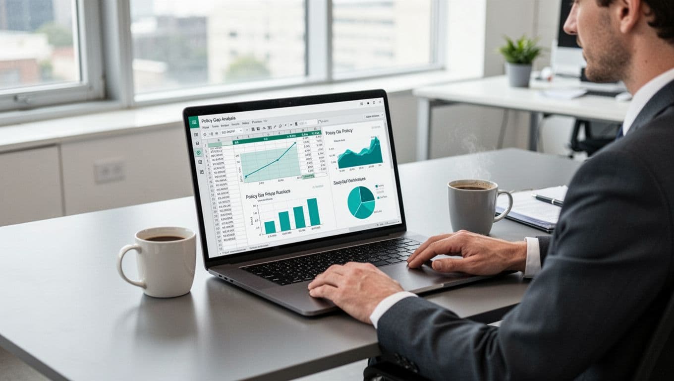 Analyst seated at desk with laptop showing spreadsheets, policy documents, and framework comparison charts, coffee mug nearby.