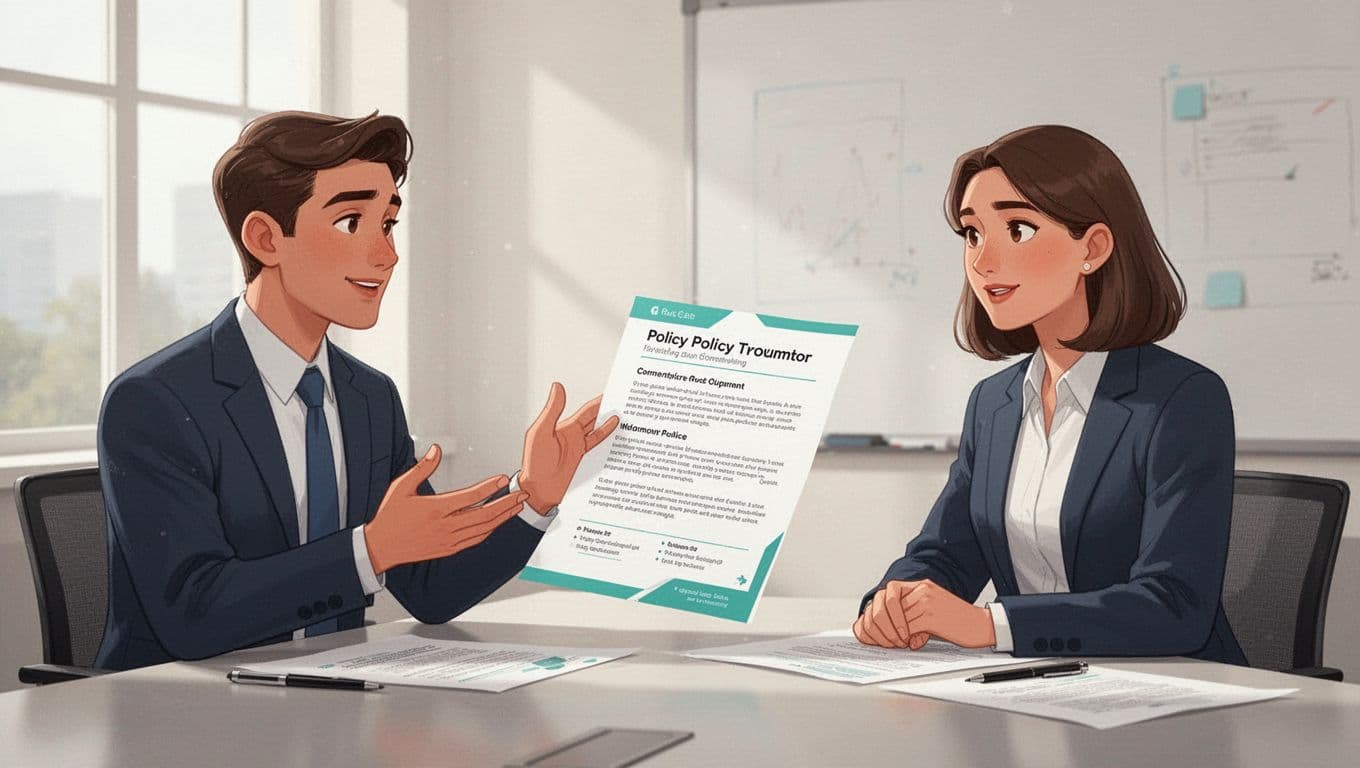 Two professionals in a bright conference room, one gesturing while discussing a printed policy document with the other listening attentively, in modern illustration style.