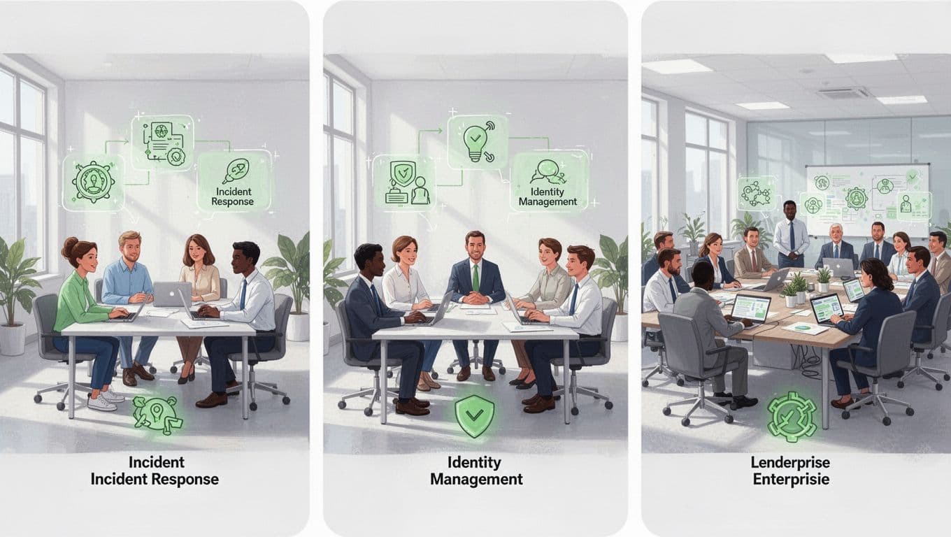 Modern illustration in clean shapes and controlled colors with green accents, featuring three side-by-side panels comparing small teams, mid-sized groups, and enterprise organizations post-breach, with icons for incident response, IAM, and leadership.
