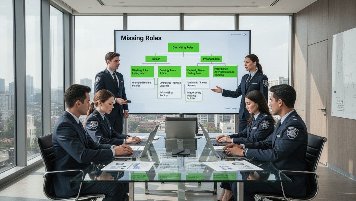 Modern illustration of a four-person security team in a conference room: one standing presenting a digital org chart with green-highlighted gaps, three seated reviewing laptops and breach reports, focused on gap analysis.