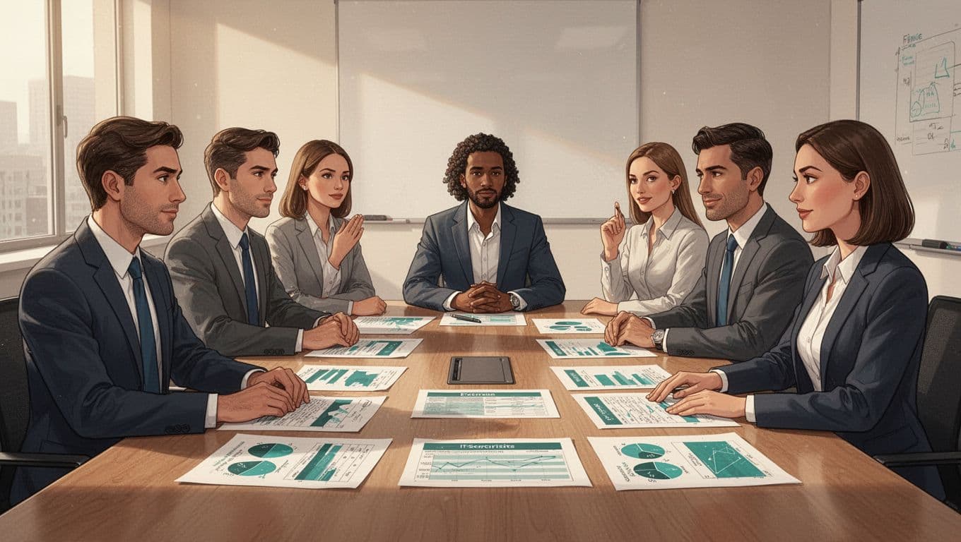 Modern illustration of six professionals from finance, HR, IT, and security around a conference table reviewing exercise outcomes with charts and notes in front, featuring handshakes, nods, clean shapes, green accents, warm lighting, and strong group composition.