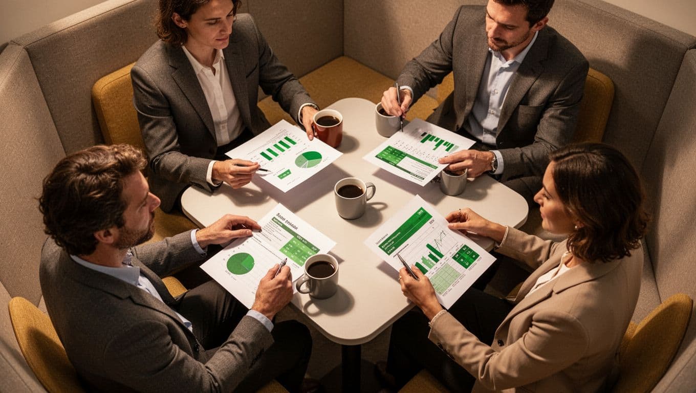 Four panel members seated in a breakout area, thoughtfully reviewing notes and scoring sheets with charts, holding coffee mugs in an overhead collaborative view. Modern illustration with clean shapes, controlled colors accented by green on charts, and warm ambient lighting.