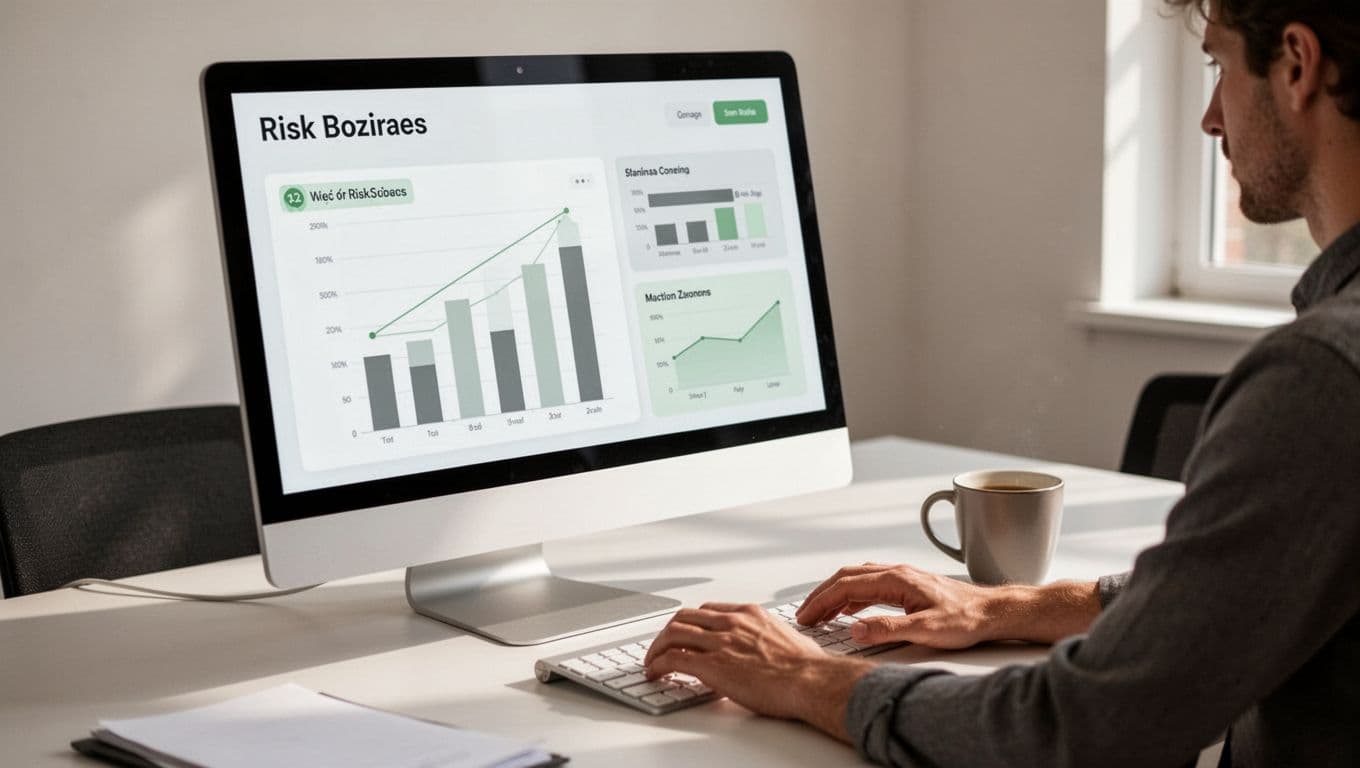 Modern illustration of a computer screen displaying a digital dashboard with simple bar charts and risk metrics highlighted in green on high-risk areas, hands resting on desk with coffee mug in office setting.