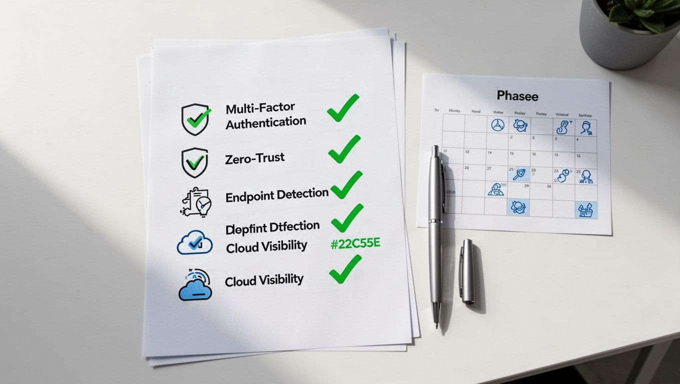 Checklist on desk with green checkmarks by MFA, zero trust, EDR items, next to timeline calendar.