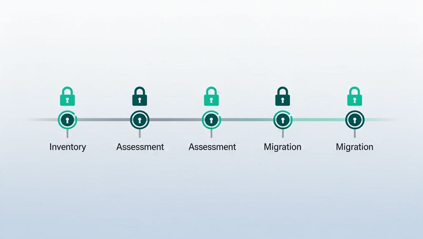 Horizontal flowchart timeline with inventory, assessment, and migration steps, featuring green key and lock icons on clean background.