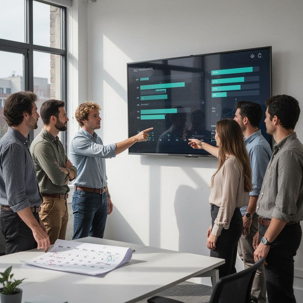 Modern illustration of a small team of five in a contemporary office reviewing a digital dashboard on a wall screen, featuring progress bars and assignee icons, with a marked paper calendar nearby and one person pointing relaxedly.